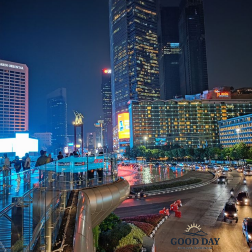 undaran HI Jakarta at night featuring the iconic Hotel Indonesia Roundabout, illuminated skyscrapers, vibrant city lights, and busy traffic in the heart of Indonesia’s capital city. The modern skyline creates a dynamic urban atmosphere in Jakarta’s central business district.