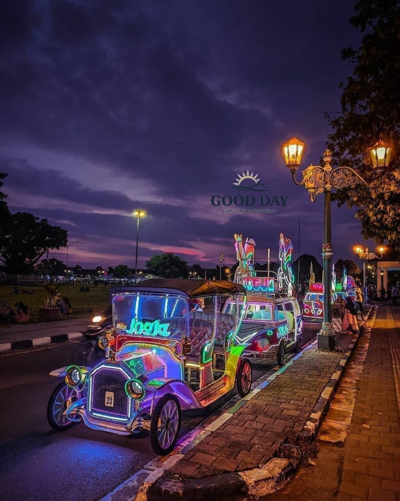 A colorful neon-lit unicorn-themed pedicab (becak hias) carrying visitors along a street in Yogyakarta, Indonesia, during a stunning purple and orange sunset, showcasing the vibrant evening atmosphere of Jogja.