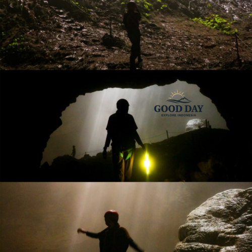 Jomblang Cave adventure in Yogyakarta, Indonesia, featuring travelers exploring the underground cave chamber illuminated by the famous Heaven's Light sunbeam shining through the cave opening above.