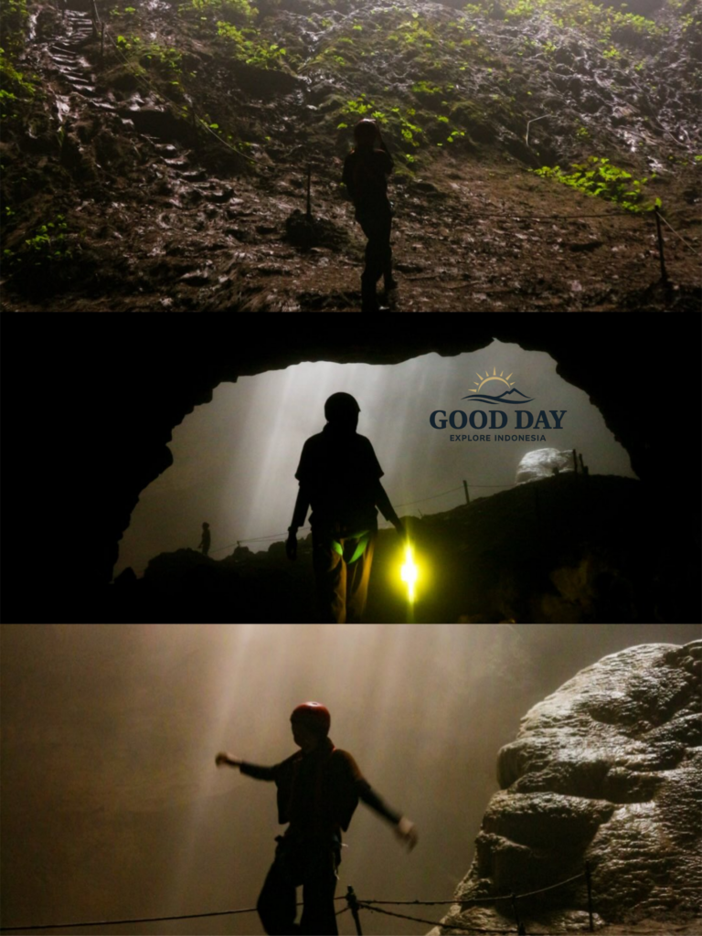 Jomblang Cave adventure in Yogyakarta, Indonesia, featuring travelers exploring the underground cave chamber illuminated by the famous Heaven's Light sunbeam shining through the cave opening above.