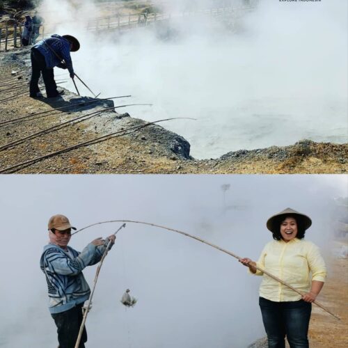 unique geothermal cooking experience at Tangkuban Perahu Volcano in Bandung, Indonesia, where visitors and local guides use natural volcanic steam vents to boil eggs beside the steaming crater.