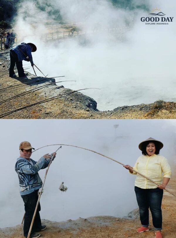 unique geothermal cooking experience at Tangkuban Perahu Volcano in Bandung, Indonesia, where visitors and local guides use natural volcanic steam vents to boil eggs beside the steaming crater.