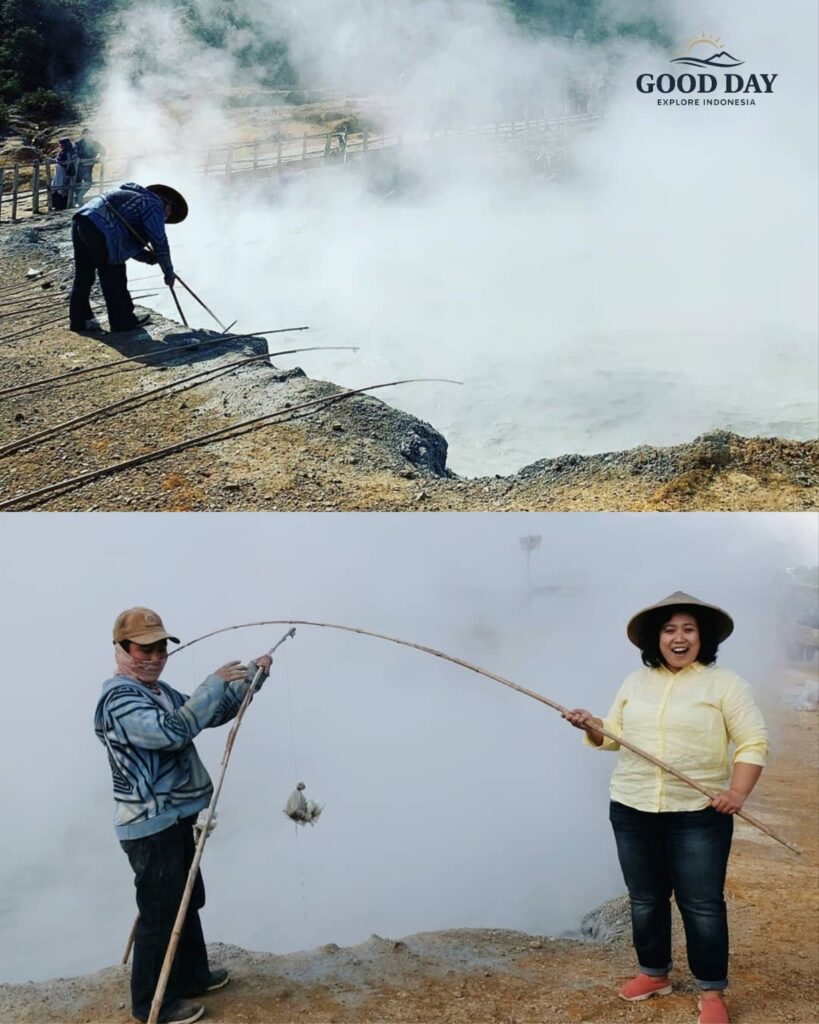 unique geothermal cooking experience at Tangkuban Perahu Volcano in Bandung, Indonesia, where visitors and local guides use natural volcanic steam vents to boil eggs beside the steaming crater.