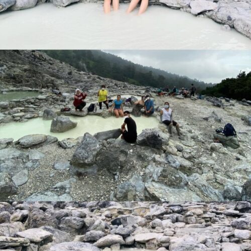 Visitors relaxing in natural geothermal hot spring pools at Tangkuban Perahu, Bandung, surrounded by volcanic rocks, mineral-rich water, and dramatic mountain landscapes in West Java, Indonesia.