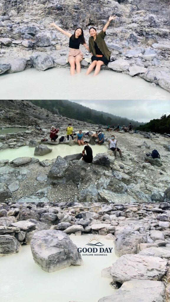 Visitors relaxing in natural geothermal hot spring pools at Tangkuban Perahu, Bandung, surrounded by volcanic rocks, mineral-rich water, and dramatic mountain landscapes in West Java, Indonesia.