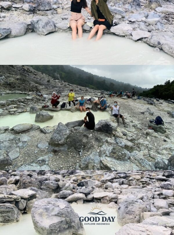 Visitors relaxing in natural geothermal hot spring pools at Tangkuban Perahu, Bandung, surrounded by volcanic rocks, mineral-rich water, and dramatic mountain landscapes in West Java, Indonesia.
