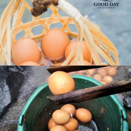 Close-up of freshly boiled eggs cooked using natural geothermal hot springs at Tangkuban Perahu Volcano in Bandung, West Java. The eggs are heated by volcanic steam and hot sulfur-rich water, creating a unique culinary experience at one of Indonesia’s most famous volcanoes.
