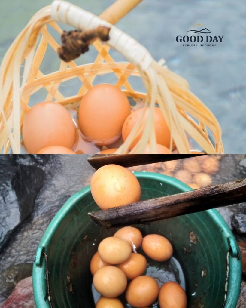 Close-up of freshly boiled eggs cooked using natural geothermal hot springs at Tangkuban Perahu Volcano in Bandung, West Java. The eggs are heated by volcanic steam and hot sulfur-rich water, creating a unique culinary experience at one of Indonesia’s most famous volcanoes.