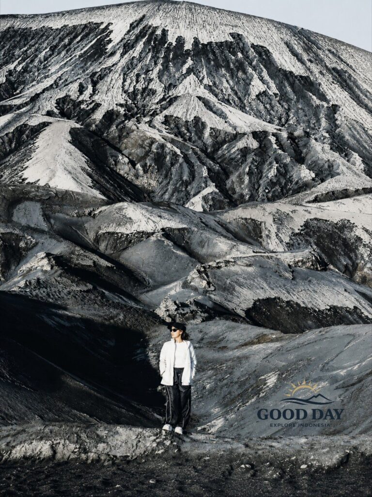 Traveler standing on the dramatic volcanic ash hills of Mount Bromo, surrounded by rugged black-and-white landscapes and unique sand formations in Bromo Tengger Semeru National Park, East Java, Indonesia.