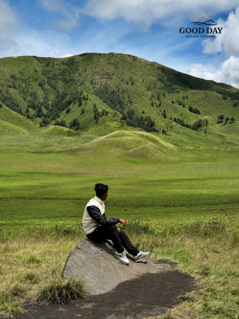 Traveler sitting on a rock overlooking the rolling green hills of Teletubbies Hill in Mount Bromo, East Java, Indonesia, surrounded by vast grasslands and scenic volcanic landscapes.
