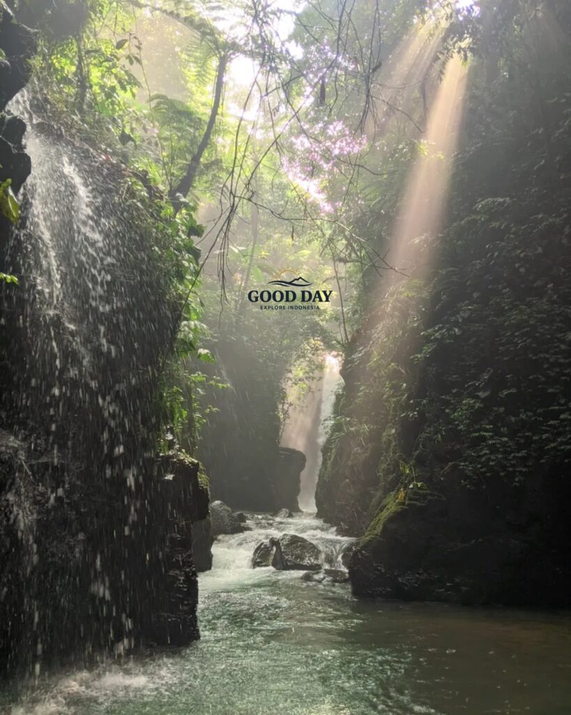 Sunlight streams through the lush rainforest canopy at Curug Naga, Bogor, illuminating a scenic waterfall canyon with crystal-clear river water, moss-covered cliffs, and tropical vegetation in West Java, Indonesia.