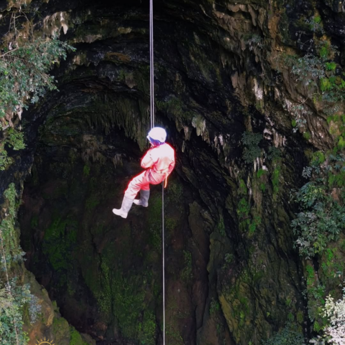 Adventure caver descending by rope into Goa Ngeleng (Ngeleng Cave), Yogyakarta, Indonesia. A participant wearing safety gear and a red jumpsuit rappels deep into a massive vertical cave chamber surrounded by limestone walls, stalactites, and lush green moss, showcasing the thrill of vertical caving in Jogja.