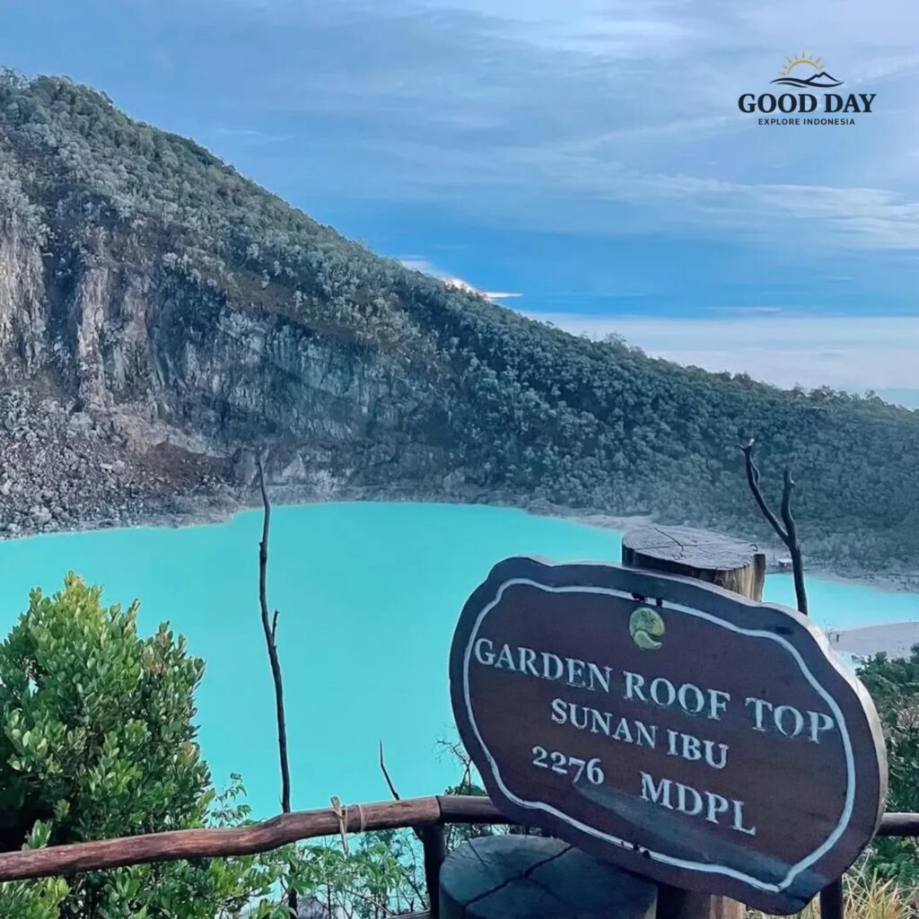 Panoramic view of Kawah Putih Bandung from Sunan Ibu Viewpoint, featuring a stunning turquoise volcanic crater lake surrounded by dramatic cliffs and lush mountain landscapes in Ciwidey, West Java.