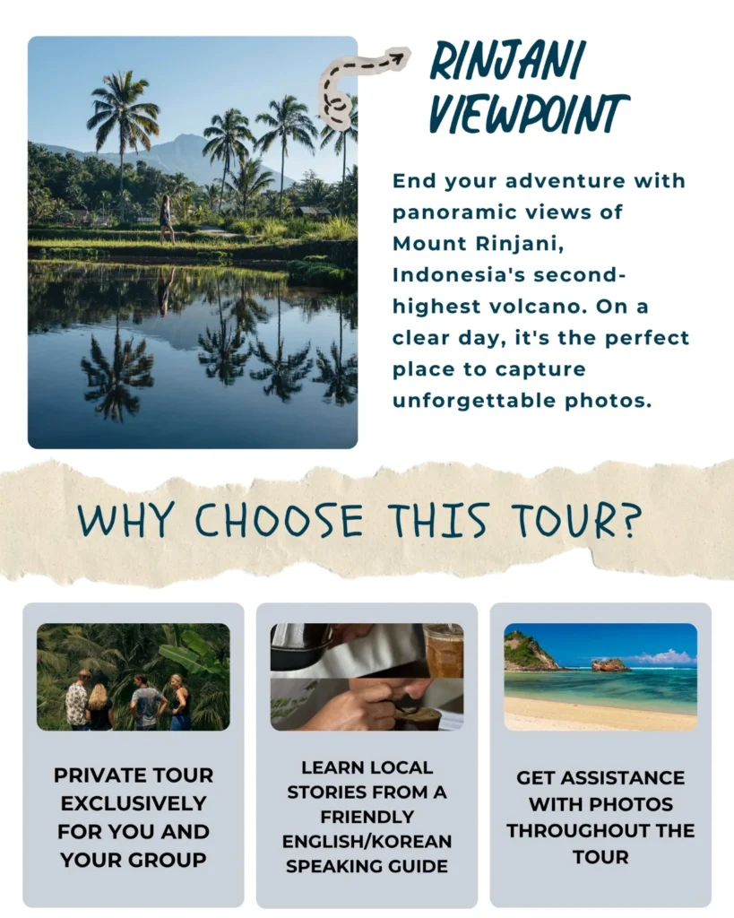 Tetebatu Tour Lombok featuring rice terraces, Tetebatu Waterfall, Burung Walet Waterfall, Monkey Forest, local coffee experience, Sasak village, and Mount Rinjani viewpoint on a private walking tour.