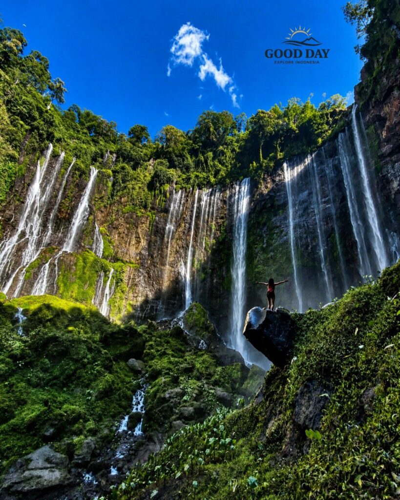 A traveler standing on a rock with arms outstretched in front of Tumpak Sewu Waterfall, surrounded by lush green cliffs, cascading waterfalls, tropical vegetation, and a vibrant blue sky in East Java, Indonesia