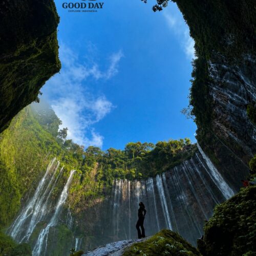 Tumpak Sewu Waterfall in East Java, Indonesia, viewed from inside a lush canyon with towering cliffs, cascading waterfalls, moss-covered rocks, and a traveler standing on a large boulder beneath a dramatic blue sky.