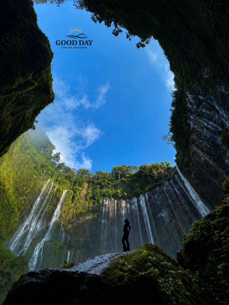 Tumpak Sewu Waterfall in East Java, Indonesia, viewed from inside a lush canyon with towering cliffs, cascading waterfalls, moss-covered rocks, and a traveler standing on a large boulder beneath a dramatic blue sky.