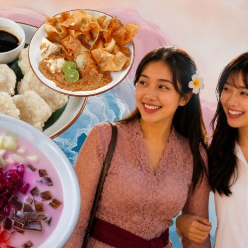 Travelers enjoying Bandung street food including batagor, cireng, and Indonesian desserts during Good Day Bandung Motorbike Food Tour