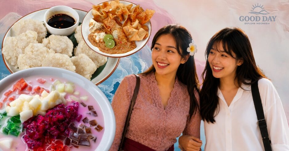 Travelers enjoying Bandung street food including batagor, cireng, and Indonesian desserts during Good Day Bandung Motorbike Food Tour