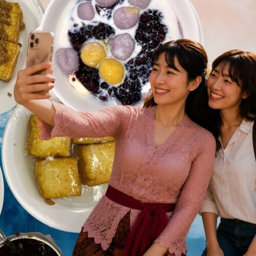 Travelers enjoying Bandung street food including batagor, cireng, and Indonesian desserts during Good Day Bandung Motorbike Food Tour