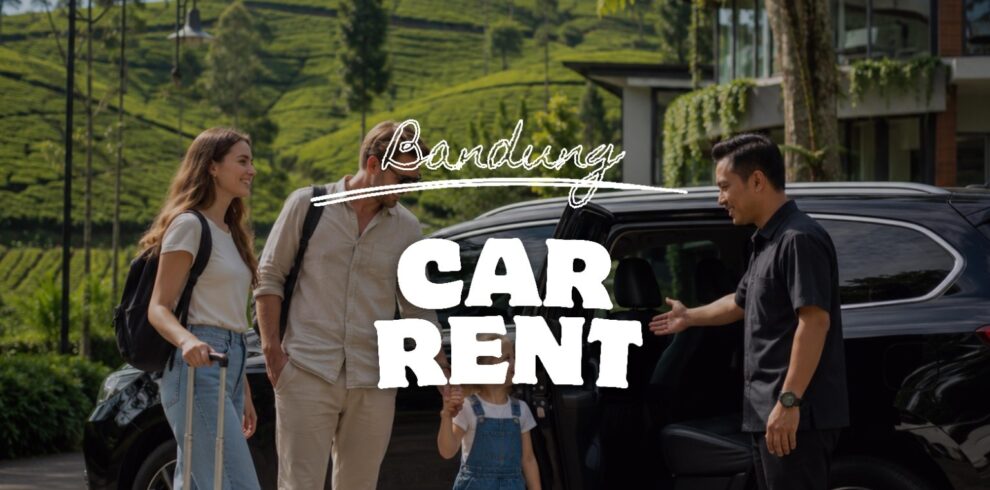 Private car rental with driver in Bandung, Indonesia by Good Day Indonesia, featuring a family of international travelers being welcomed by a professional local driver near Bandung's scenic tea plantations.