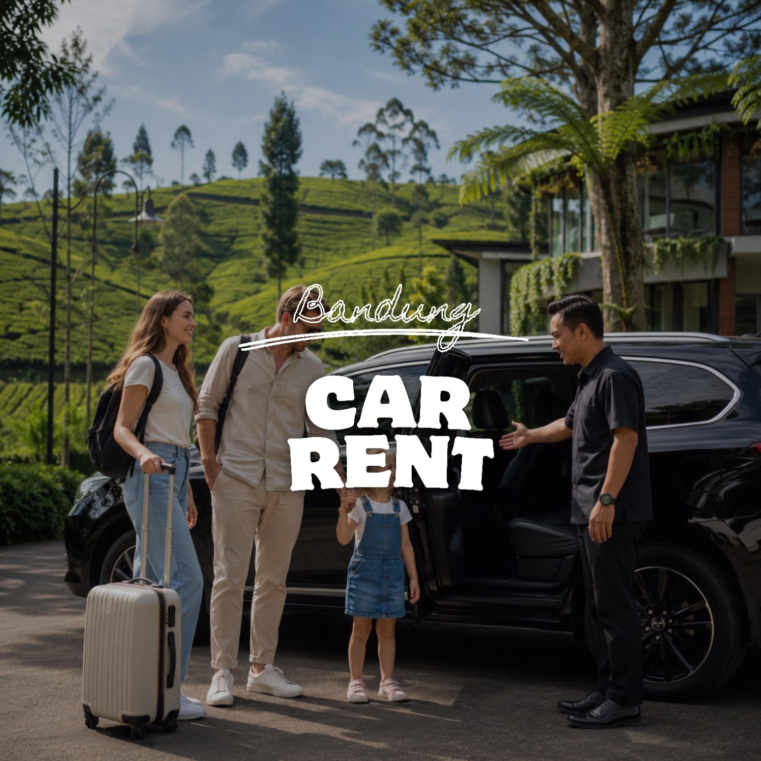 Private car rental with driver in Bandung, Indonesia by Good Day Indonesia, featuring a family of international travelers being welcomed by a professional local driver near Bandung's scenic tea plantations.