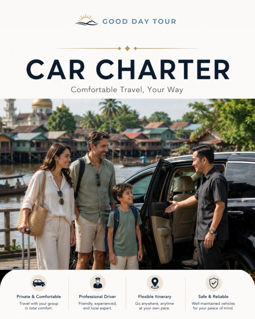 Private car charter with English-speaking driver in Banjarmasin, South Kalimantan by Good Day Tour. Comfortable private transportation for airport transfers, city tours, business trips, and customized travel.
