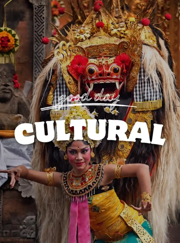 Traditional Balinese Barong dance performance featuring a Barong costume and Balinese dancer during a cultural ceremony in Bali, Indonesia.
