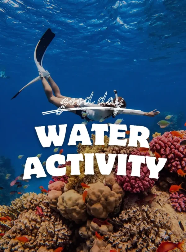 A traveler snorkeling above colorful coral reefs in Indonesia, showcasing Good Day's water activities including snorkeling, scuba diving, island hopping, and marine adventures.