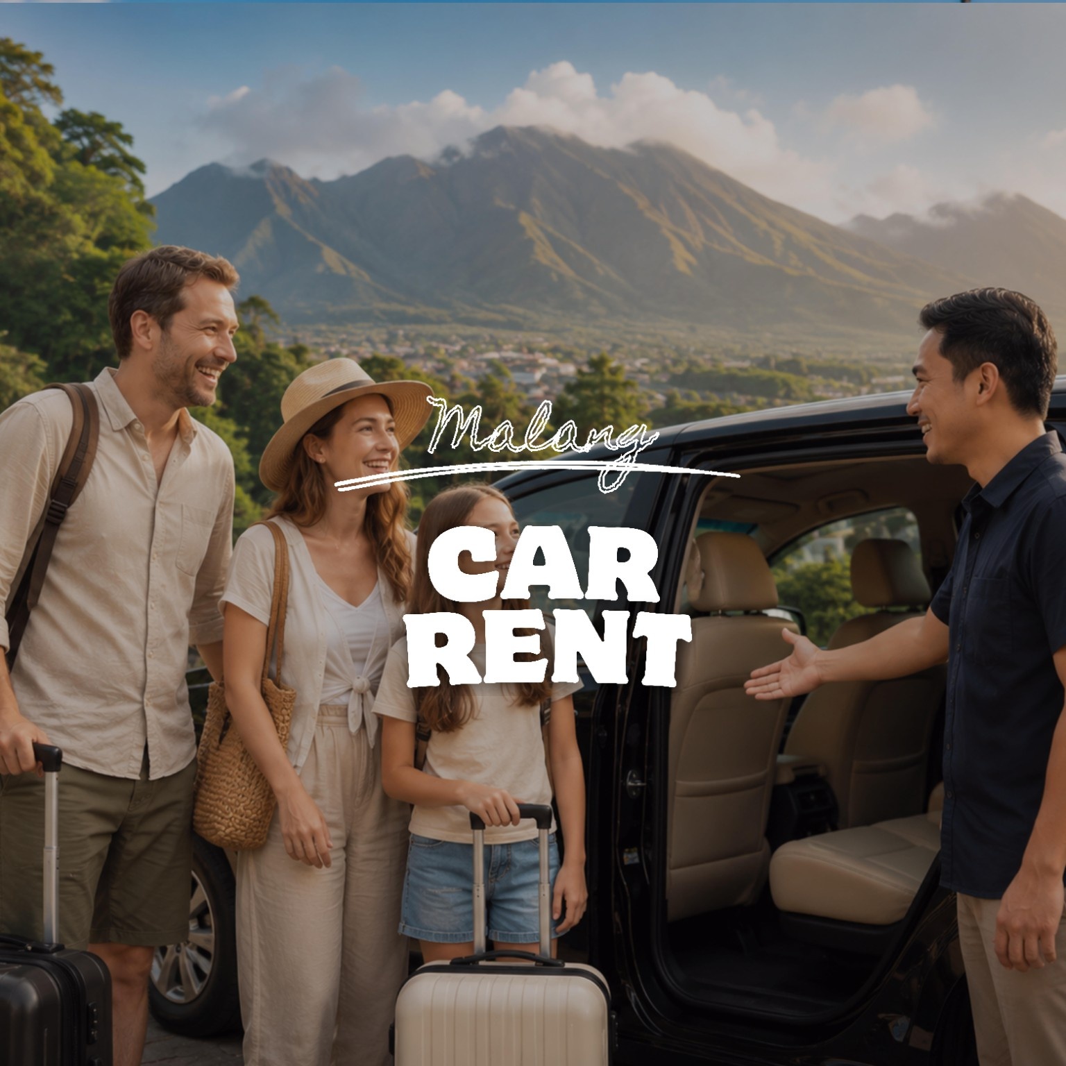 Private car rental with driver in Malang, East Java, Indonesia, welcoming travelers for airport transfer, city tour, Batu tour, Mount Bromo tour, and customized private transportation.