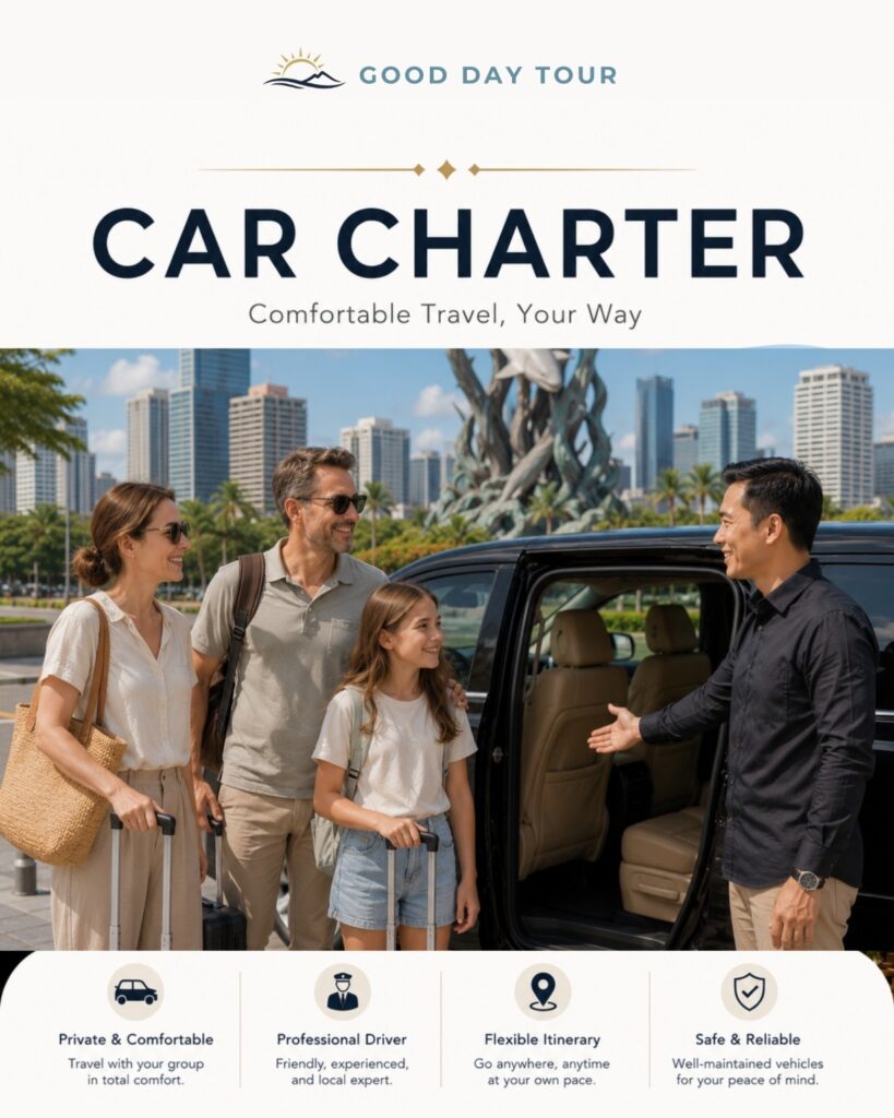 Private car charter with English-speaking driver in Surabaya, East Java by Good Day Tour. Comfortable private transportation for airport transfers, city tours, business travel, family vacations, and customized trips.