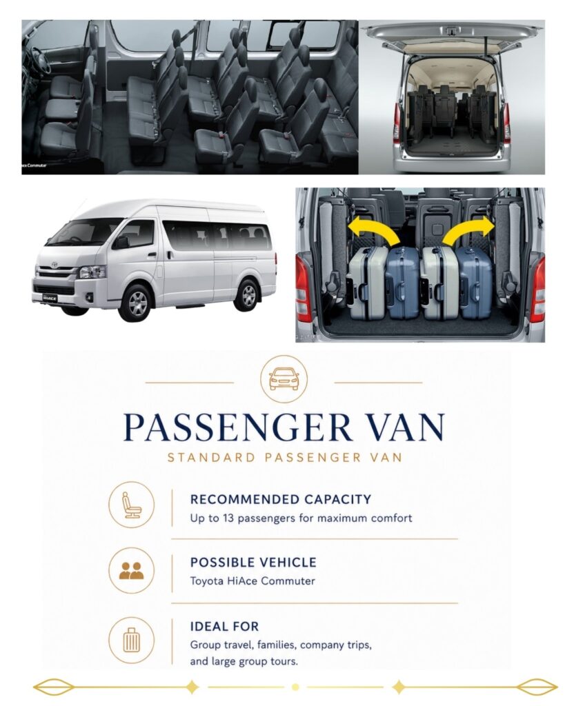 Toyota HiAce Commuter passenger van for private car charter in Indonesia with spacious 13-passenger seating and luggage space by Good Day Tour.