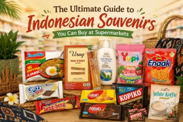 A collection of popular Indonesian souvenirs from supermarkets, including Indomie, Kopiko, Beng-Beng, Nabati, Yupi, Enaak, White Koffie, Gery Salut, Uray Honey Ginger, and Leivy Goat's Milk Lotion.