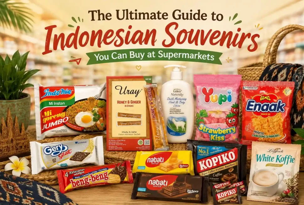 A collection of popular Indonesian souvenirs from supermarkets, including Indomie, Kopiko, Beng-Beng, Nabati, Yupi, Enaak, White Koffie, Gery Salut, Uray Honey Ginger, and Leivy Goat's Milk Lotion.