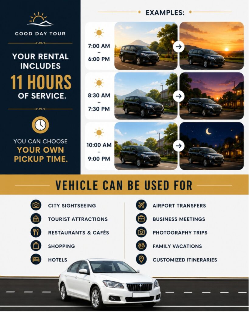 Private car rental with an English-speaking driver in Yogyakarta by Good Day Tour, visiting Borobudur Temple, Prambanan Temple, and popular tourist attractions in a comfortable private vehicle.