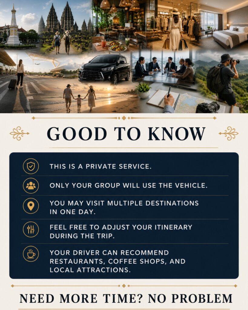 Private car rental with an English-speaking driver in Yogyakarta by Good Day Tour, visiting Borobudur Temple, Prambanan Temple, and popular tourist attractions in a comfortable private vehicle.