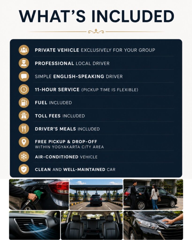 Private car rental with an English-speaking driver in Yogyakarta by Good Day Tour, visiting Borobudur Temple, Prambanan Temple, and popular tourist attractions in a comfortable private vehicle.