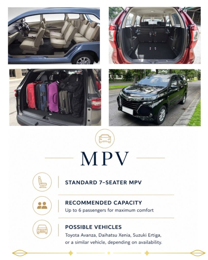 Standard 7-seater MPV car rental with driver in Yogyakarta by Good Day Tour. Toyota Avanza, Daihatsu Xenia, or Suzuki Ertiga for private tours, airport transfers, family travel, and daily or weekly car hire in Yogyakarta.