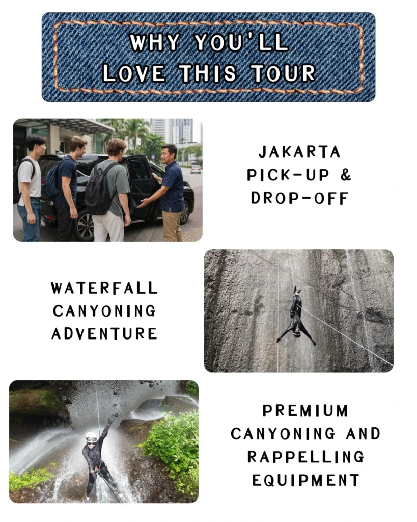 Professional waterfall canyoning adventure in Bogor, Indonesia with private hotel pickup from Jakarta, certified canyoning guides, rappelling experience, and Good Day Tour.