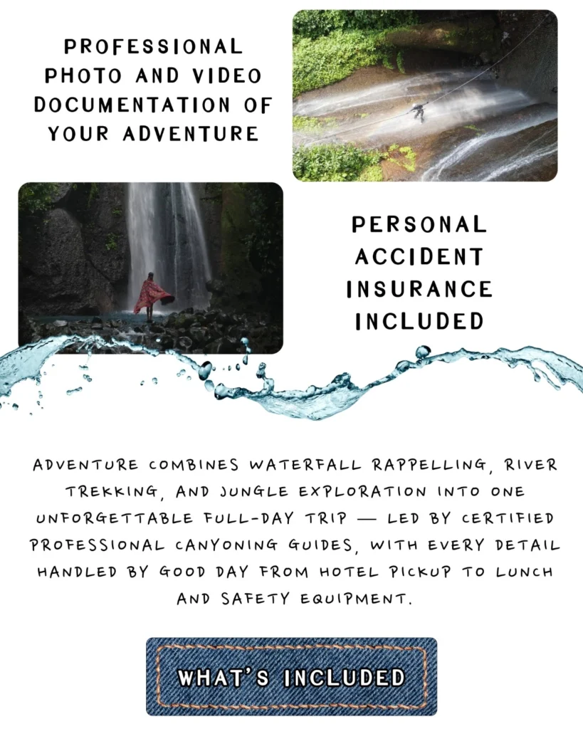 Professional waterfall canyoning adventure in Bogor, Indonesia with private hotel pickup from Jakarta, certified canyoning guides, rappelling experience, and Good Day Tour.