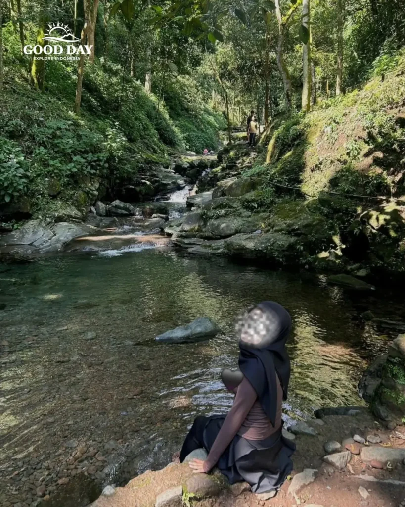 A canyoning participant rappelling down Curug Nangka Waterfall in Bogor, Indonesia, surrounded by lush rainforest during a guided adventure by Good Day.